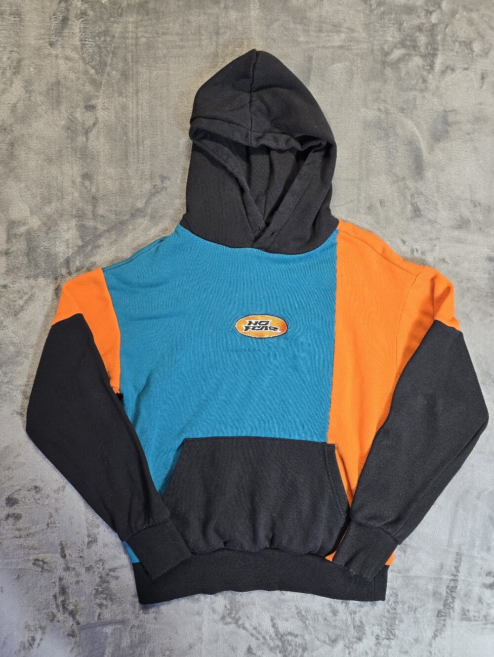 Vintage No Fear Hoodie Pullover Sweater Size Small Colour Block Two Tone Blue